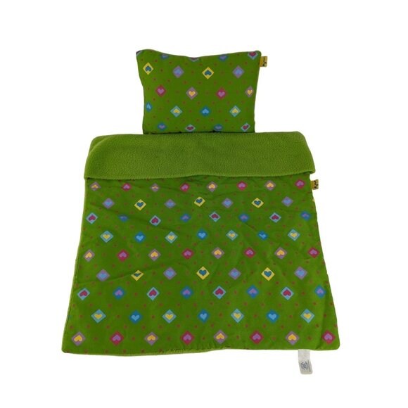 Build A Bear Green Blanket & Pillow Bedding Pink Polka Dot Hearts Fleece BABW - Picture 1 of 7